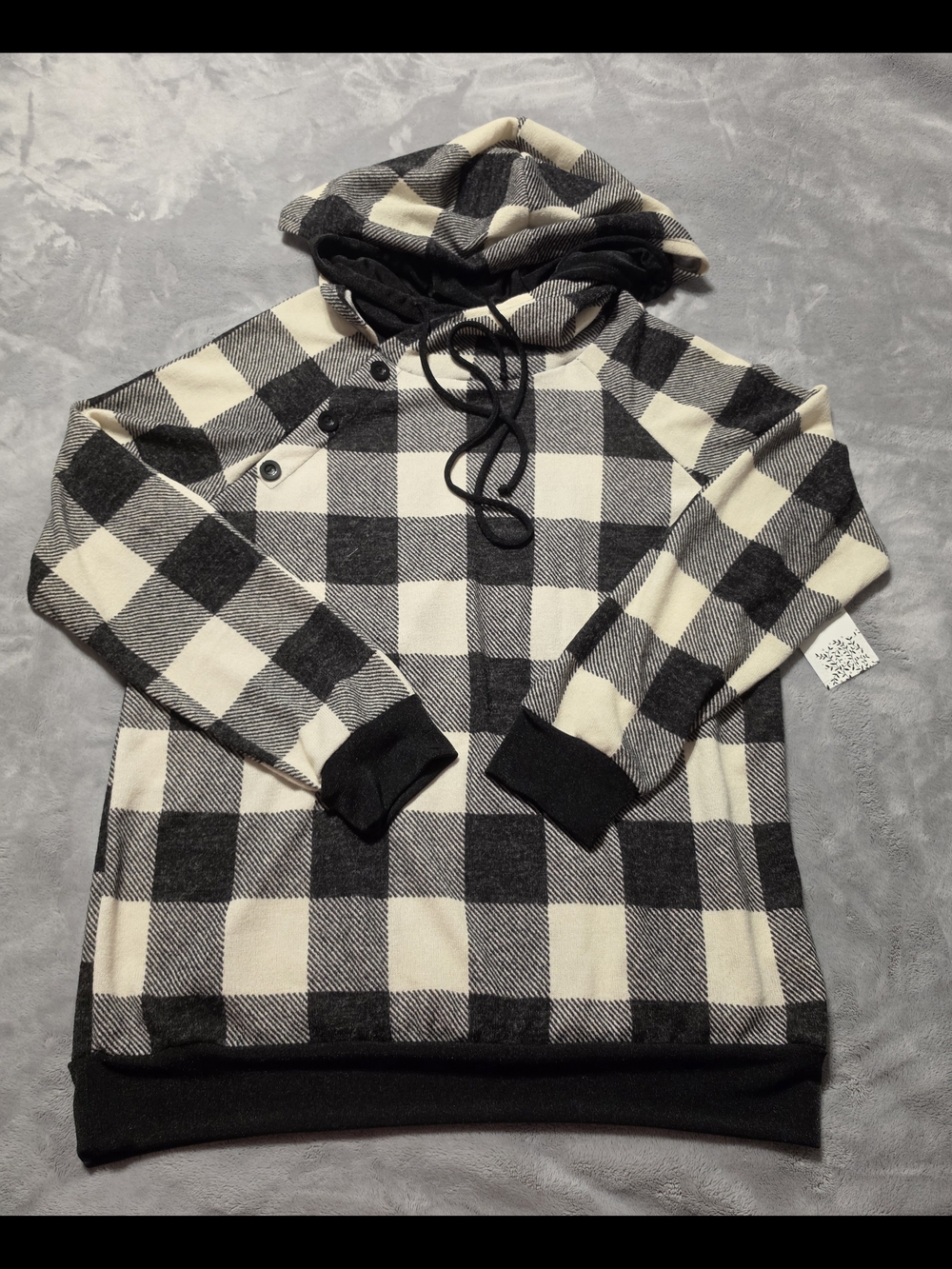 white birch Black and Cream Buffalo Check Hooded Pullover